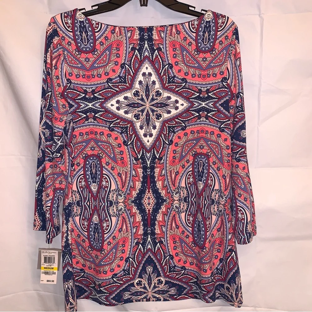 Charter Club Women's Paisley Bohemian Tunic Blouse Multicolor 3/4 Sleeve Medium - Picture 5 of 6